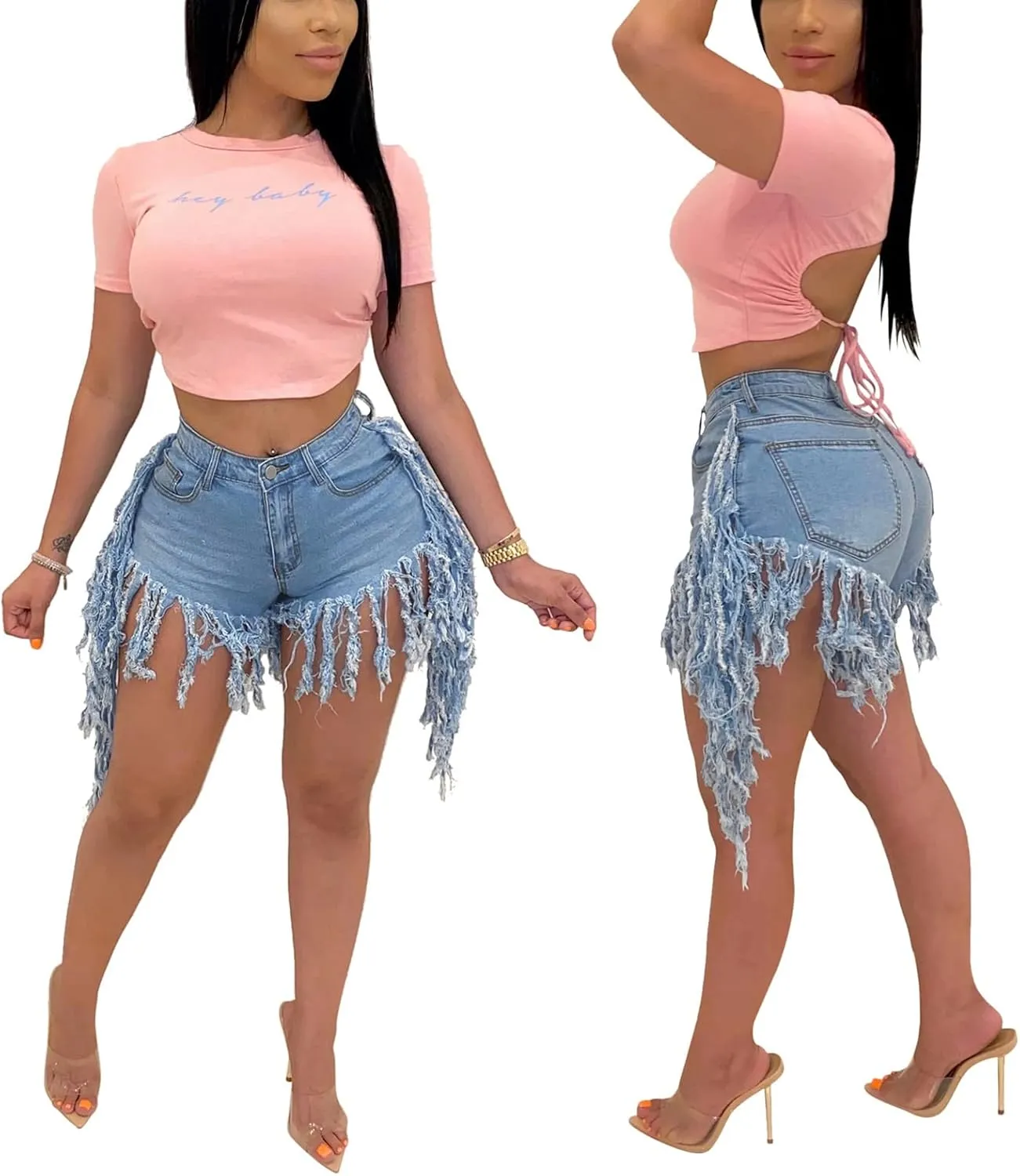 LaiyiVic Women's Denim Shorts High Waisted Frayed Raw Hem Ripped Short Jeans