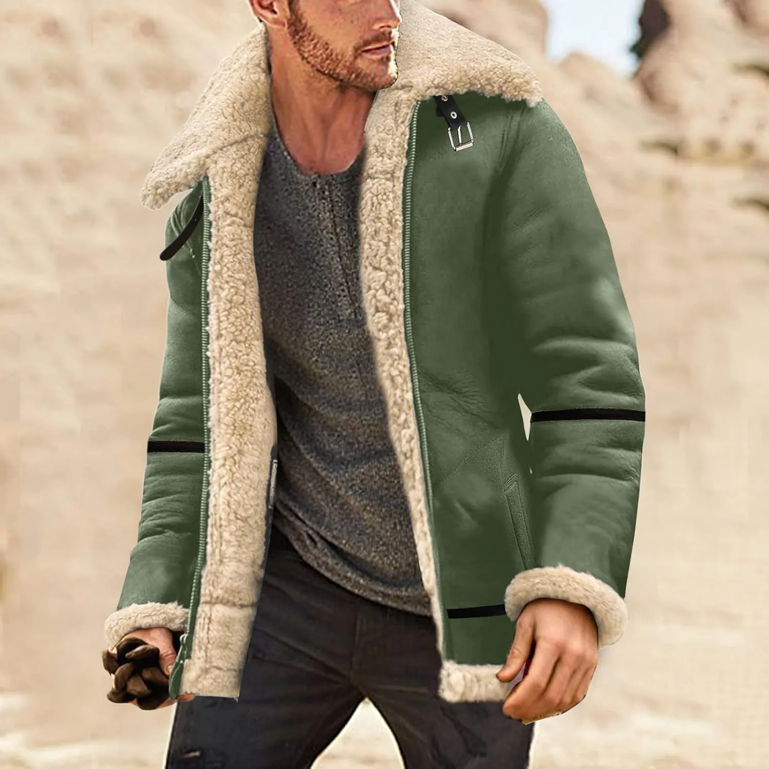 LCMTWX Men's Thick Thermal Winter Jacket Single-breasted Solid Color Lapel Long Sleeve Coat Cardigan Plush Mens Puffer