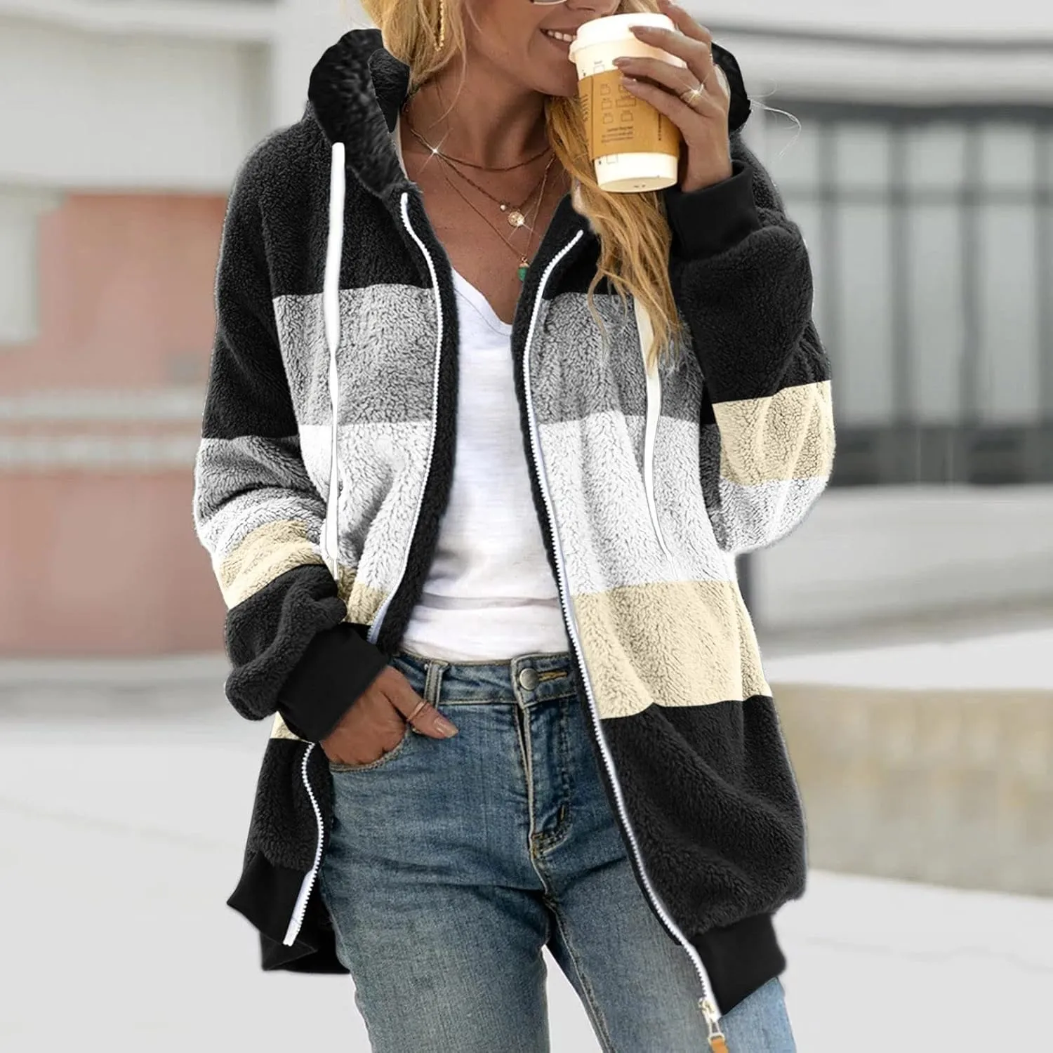 LCMTWX Womens Winter Jacket Coats Solid Color Artificial Wool Zipper Drawstring Long-Sleeved Thermal Sweatshirt Outerwear