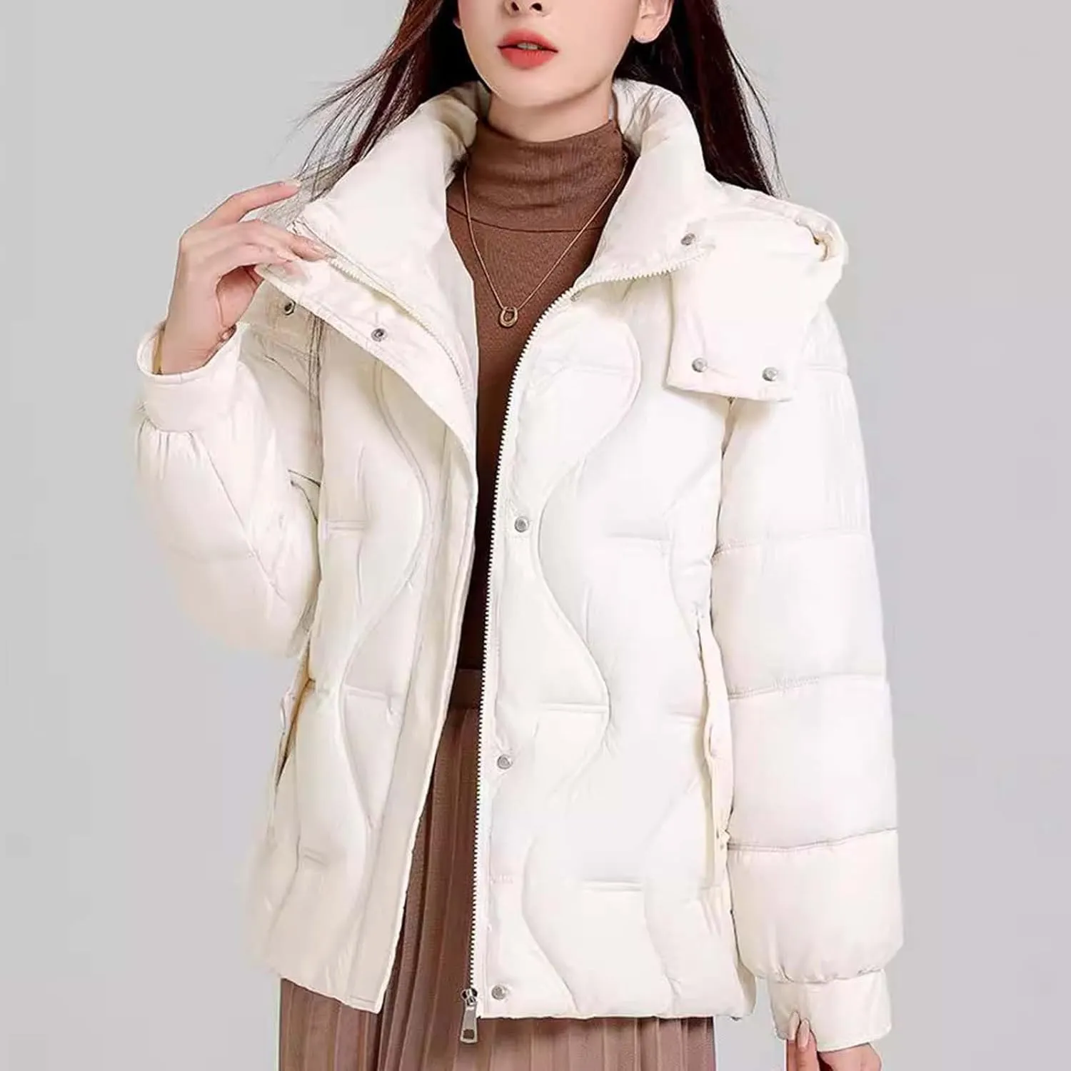 Lightweight Puffer Jacket Women Hooded Down Jacket Quilted Insulated Jacket Long Sleeve Winter Coat with Pockets