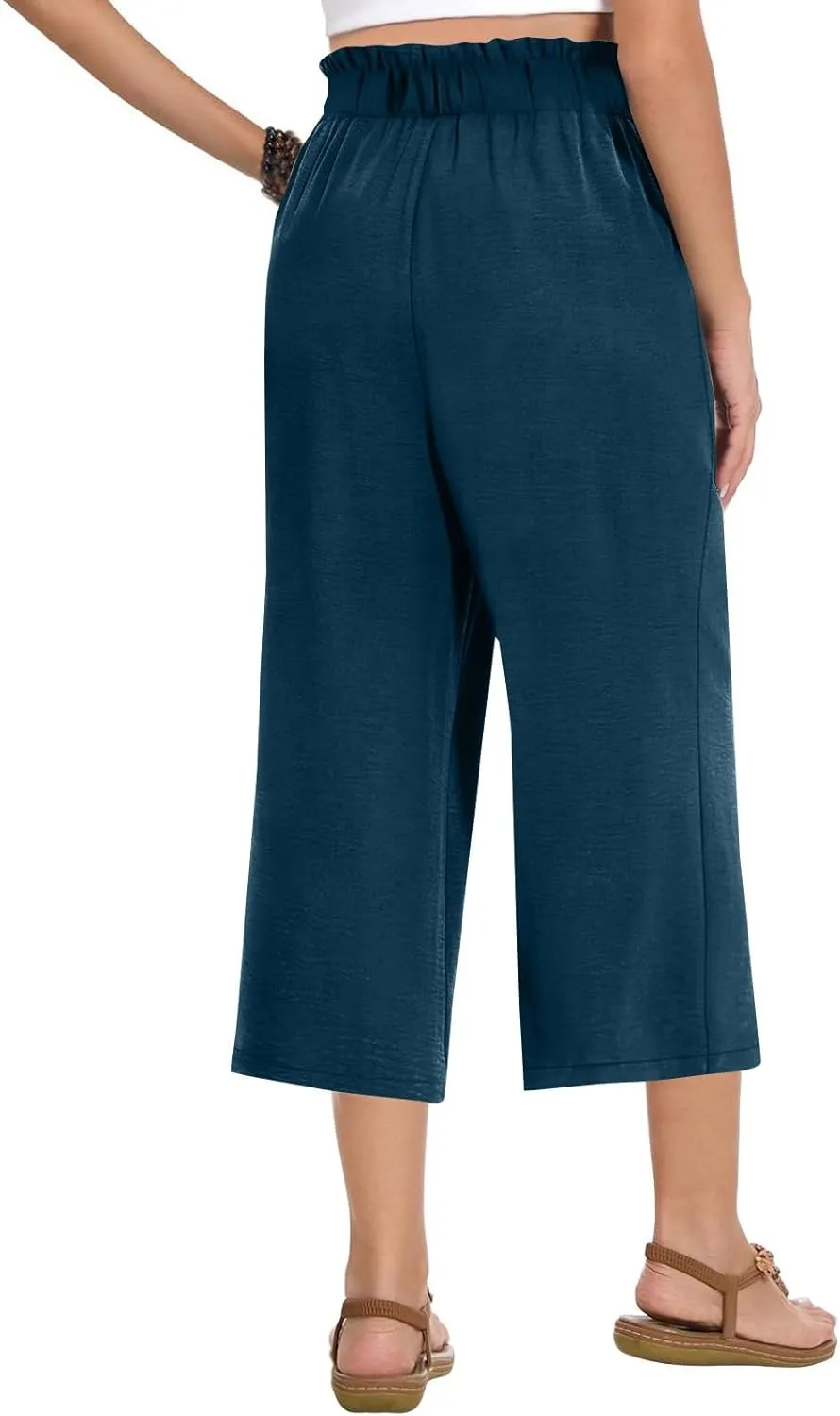Linen Capri Pants for Women Trendy Summer Loose Fit High Waisted Paperbag Pants Casual Pull on Beach Cropped Trouser
