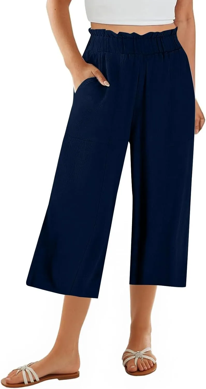 Linen Capri Pants for Women Trendy Summer Loose Fit High Waisted Paperbag Pants Casual Pull on Beach Cropped Trouser
