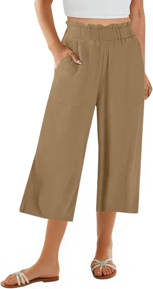 Linen Capri Pants for Women Trendy Summer Loose Fit High Waisted Paperbag Pants Casual Pull on Beach Cropped Trouser