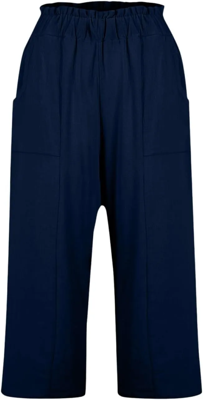 Linen Capri Pants for Women Trendy Summer Loose Fit High Waisted Paperbag Pants Casual Pull on Beach Cropped Trouser