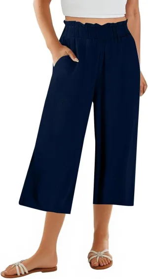 Linen Capri Pants for Women Trendy Summer Loose Fit High Waisted Paperbag Pants Casual Pull on Beach Cropped Trouser