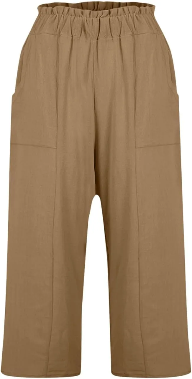 Linen Capri Pants for Women Trendy Summer Loose Fit High Waisted Paperbag Pants Casual Pull on Beach Cropped Trouser