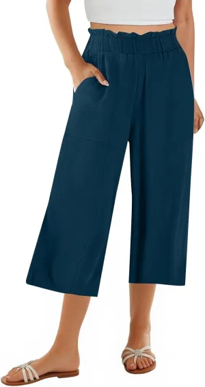 Linen Capri Pants for Women Trendy Summer Loose Fit High Waisted Paperbag Pants Casual Pull on Beach Cropped Trouser