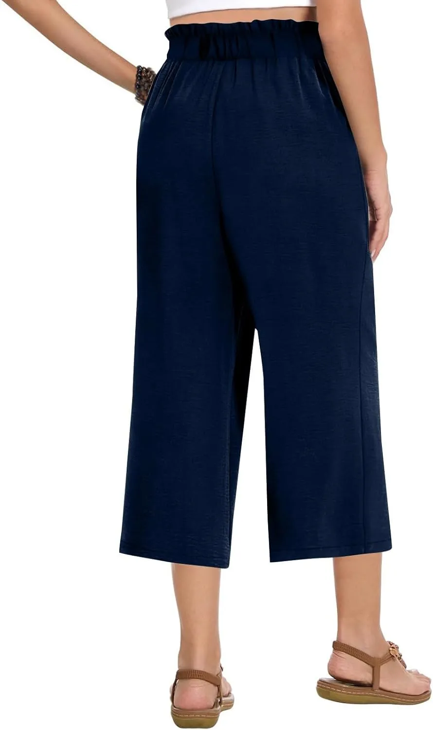 Linen Capri Pants for Women Trendy Summer Loose Fit High Waisted Paperbag Pants Casual Pull on Beach Cropped Trouser