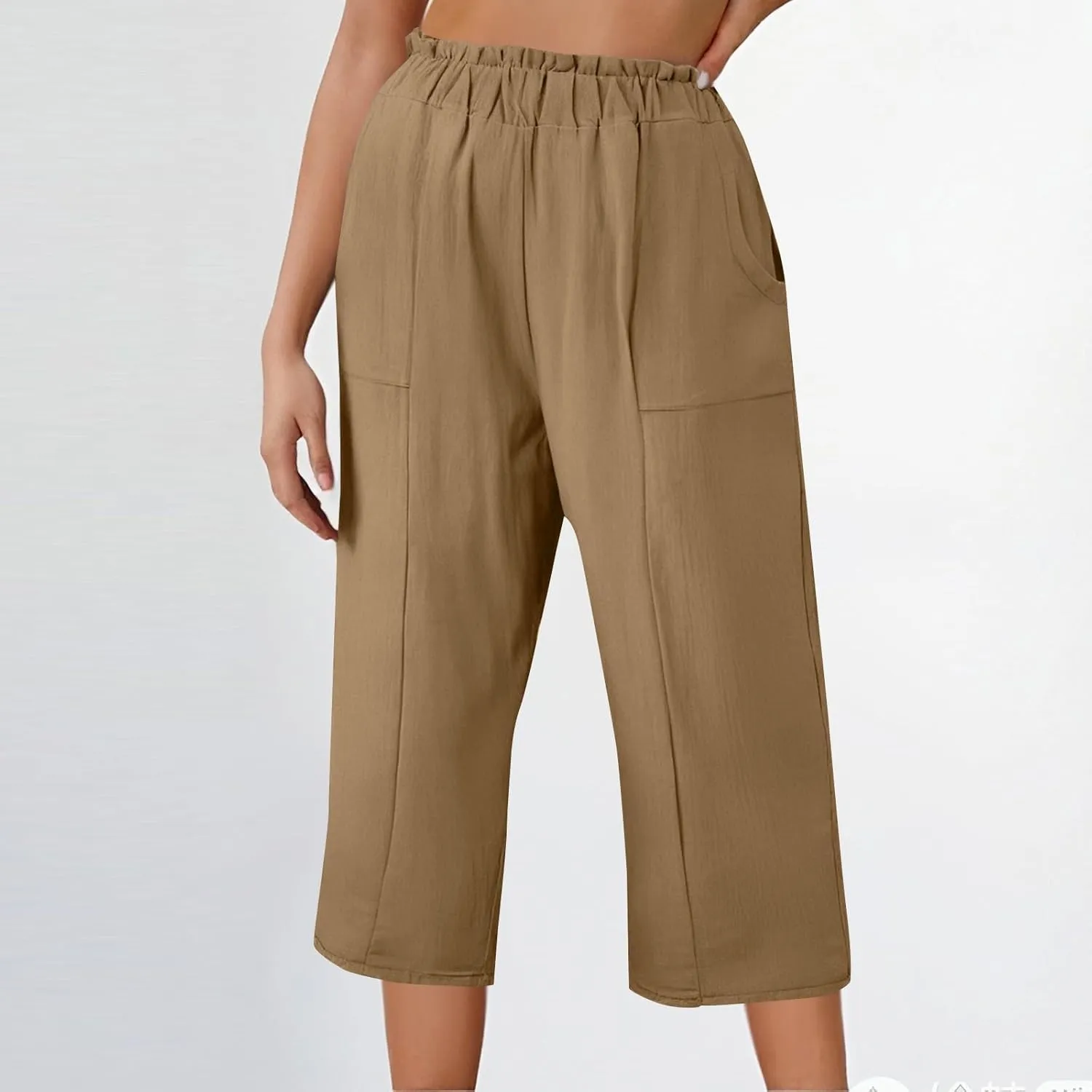 Linen Capri Pants for Women Trendy Summer Loose Fit High Waisted Paperbag Pants Casual Pull on Beach Cropped Trouser