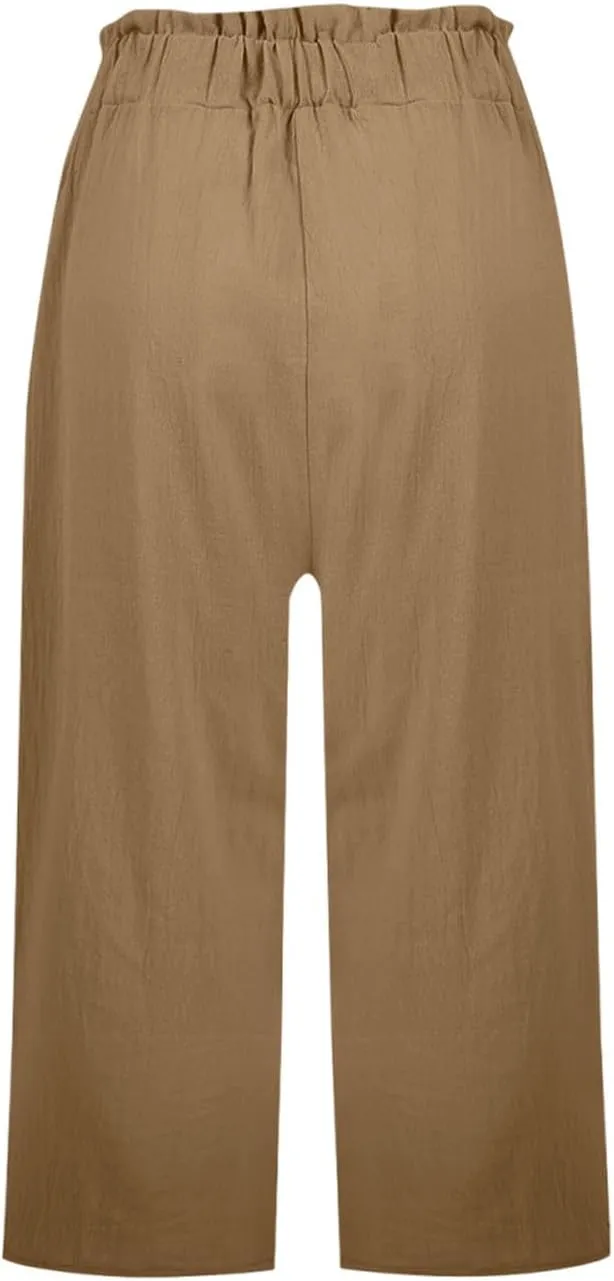 Linen Capri Pants for Women Trendy Summer Loose Fit High Waisted Paperbag Pants Casual Pull on Beach Cropped Trouser