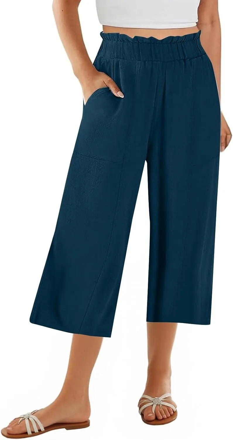 Linen Capri Pants for Women Trendy Summer Loose Fit High Waisted Paperbag Pants Casual Pull on Beach Cropped Trouser