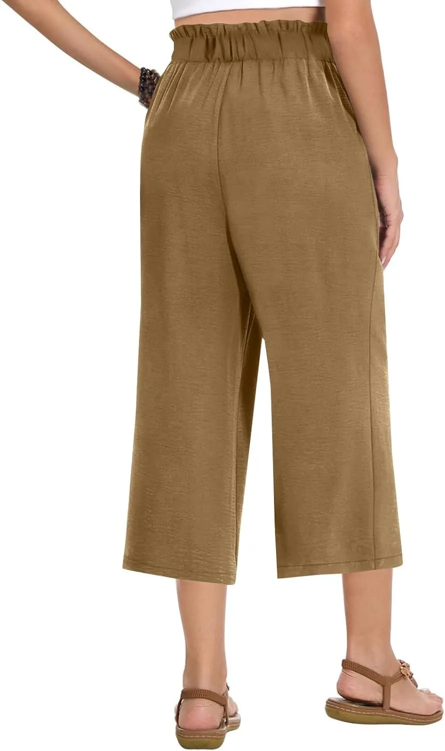 Linen Capri Pants for Women Trendy Summer Loose Fit High Waisted Paperbag Pants Casual Pull on Beach Cropped Trouser