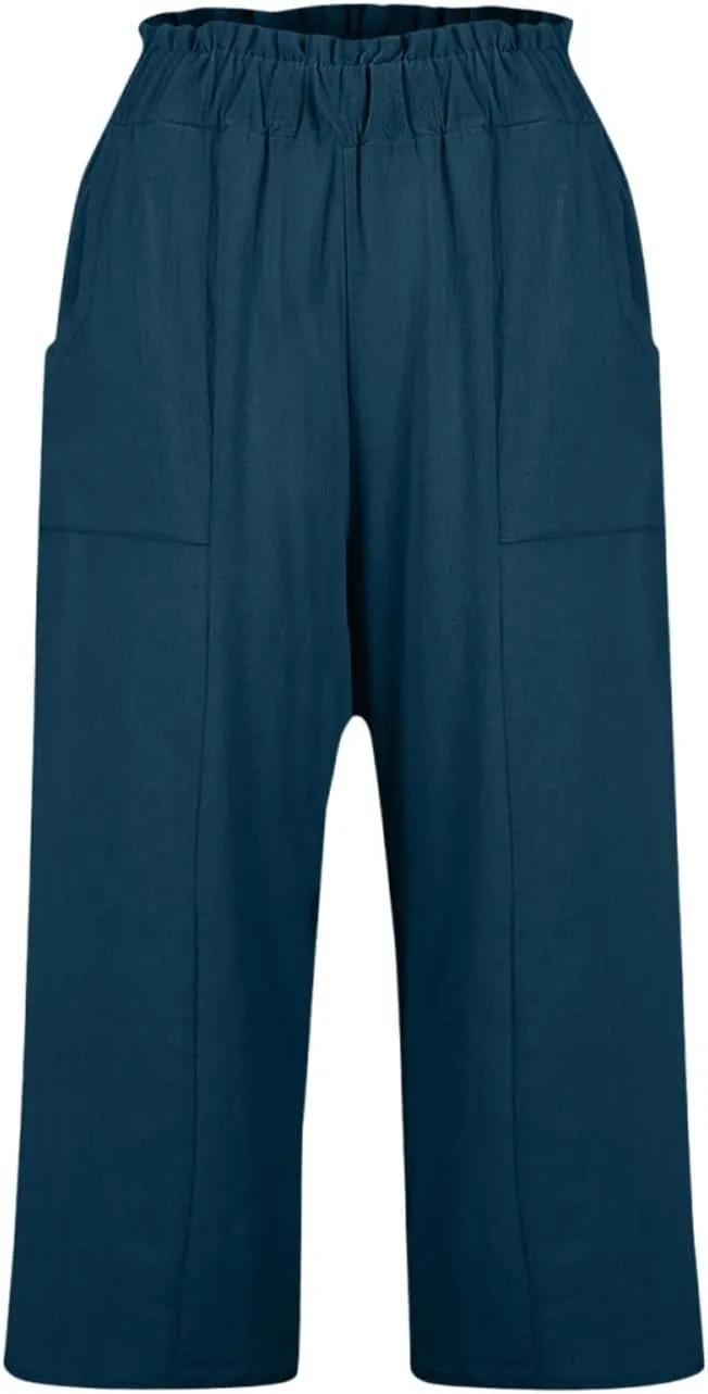 Linen Capri Pants for Women Trendy Summer Loose Fit High Waisted Paperbag Pants Casual Pull on Beach Cropped Trouser