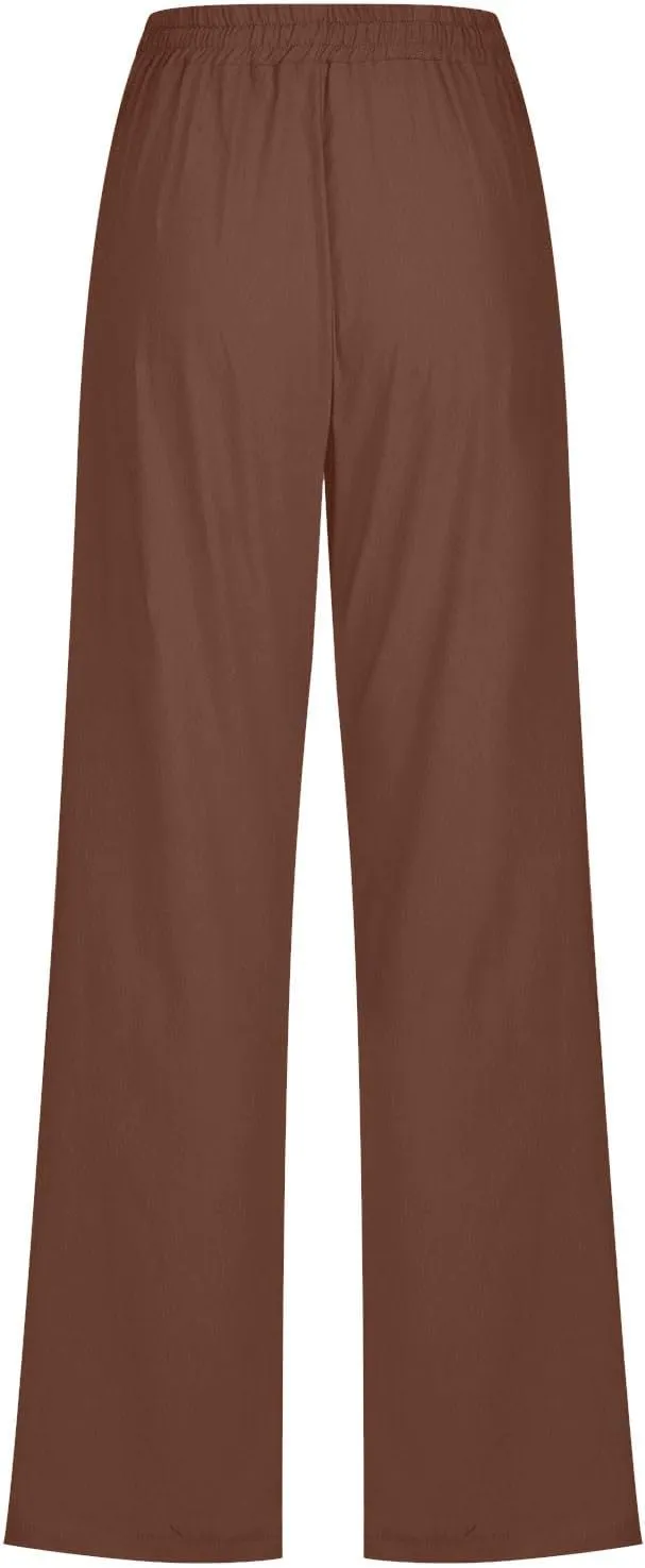 Linen Pants for Womens Casual Baggy Lightweight Solid Color Plus Size Pant Stretch Waisted Lace-Up Tapered Leg Trousers