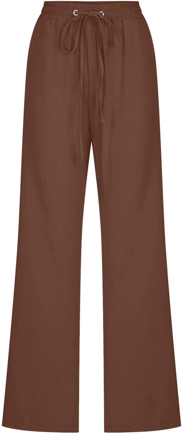Linen Pants for Womens Casual Baggy Lightweight Solid Color Plus Size Pant Stretch Waisted Lace-Up Tapered Leg Trousers