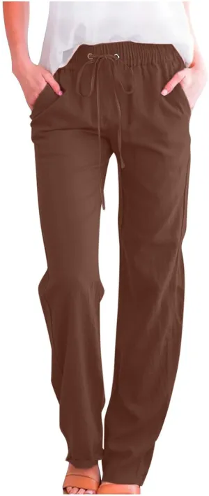 Linen Pants for Womens Casual Baggy Lightweight Solid Color Plus Size Pant Stretch Waisted Lace-Up Tapered Leg Trousers
