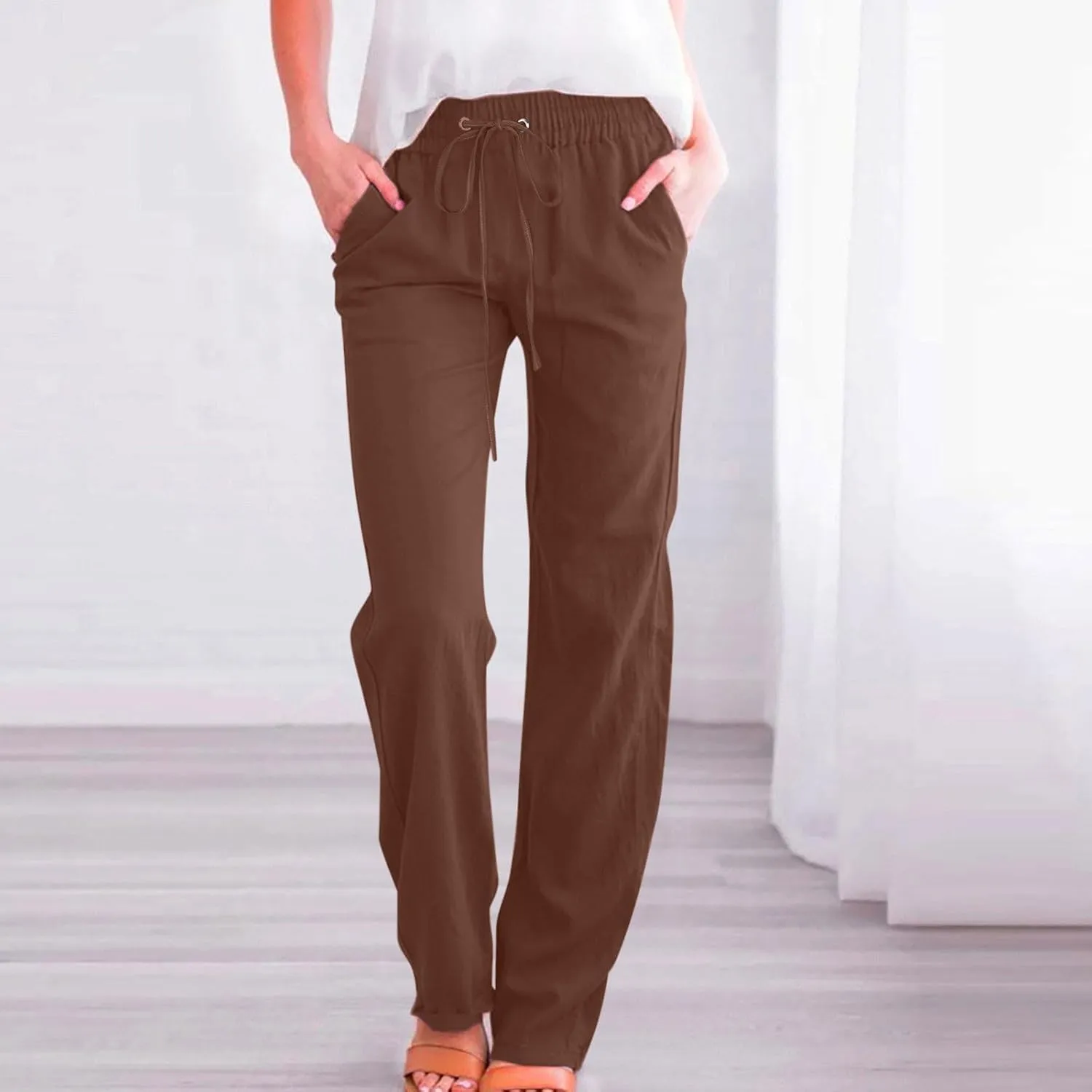 Linen Pants for Womens Casual Baggy Lightweight Solid Color Plus Size Pant Stretch Waisted Lace-Up Tapered Leg Trousers