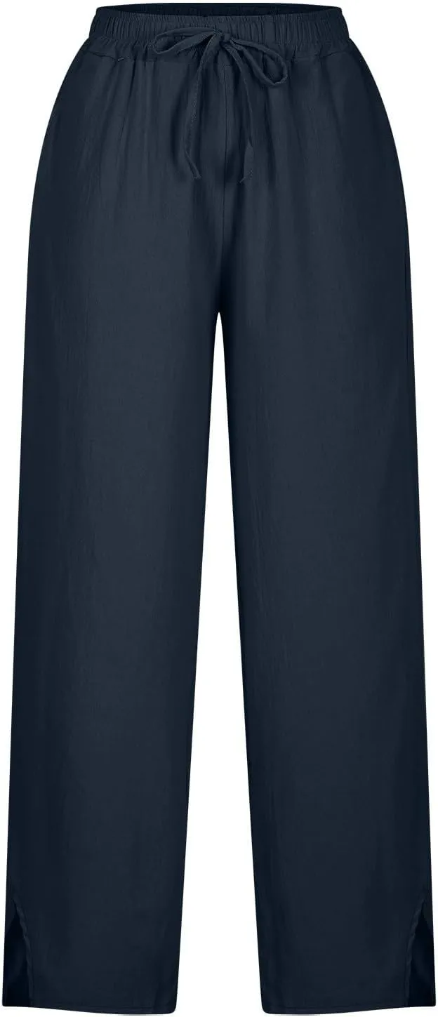 Linen Pants Women High Waist Elastic Straight Leg Lounge Pant 2025 Summer Casual Loose Lightweight Beach Trousers