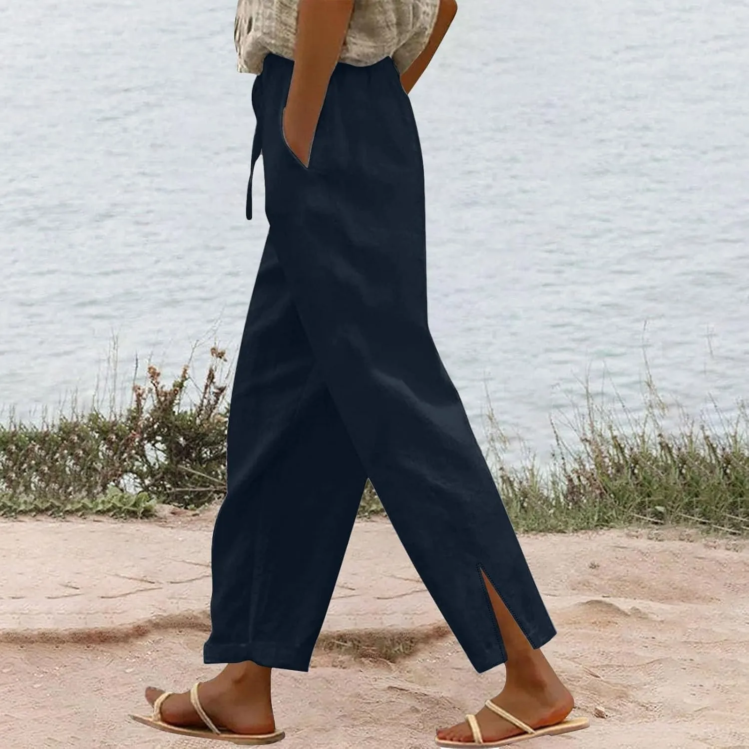 Linen Pants Women High Waist Elastic Straight Leg Lounge Pant 2025 Summer Casual Loose Lightweight Beach Trousers