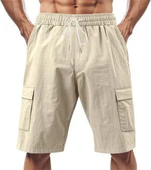 Linen Shorts for Men Cargo Elastic Waist Drawstring Shorts Summer Lightweight Pants Relaxed Fit with Pockets