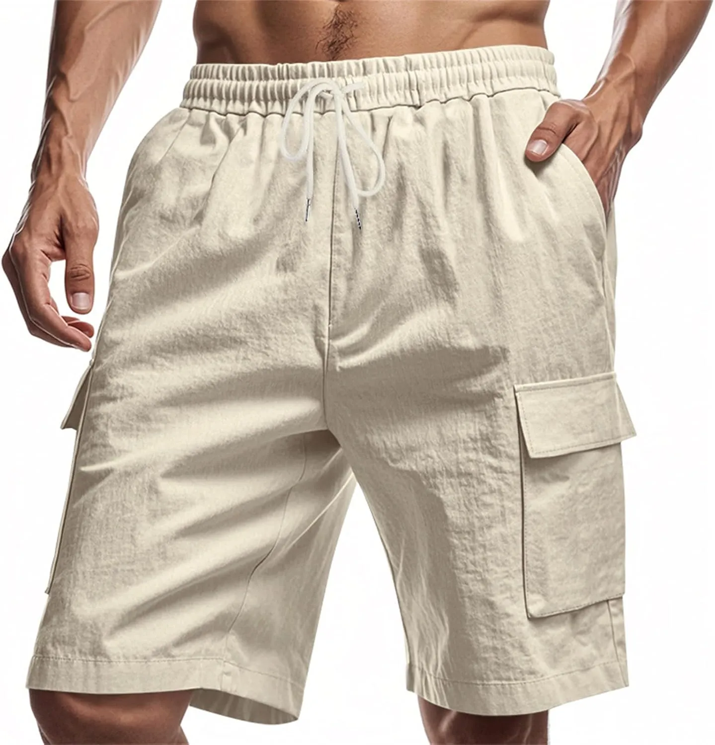 Linen Shorts for Men Cargo Elastic Waist Drawstring Shorts Summer Lightweight Pants Relaxed Fit with Pockets