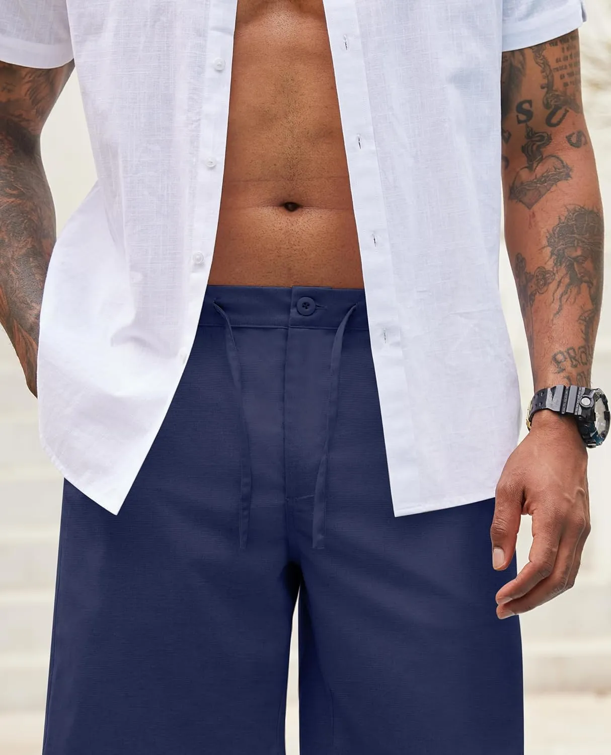 Linen Shorts for Men - Casual Beach Shorts with Pockets and Drawstring