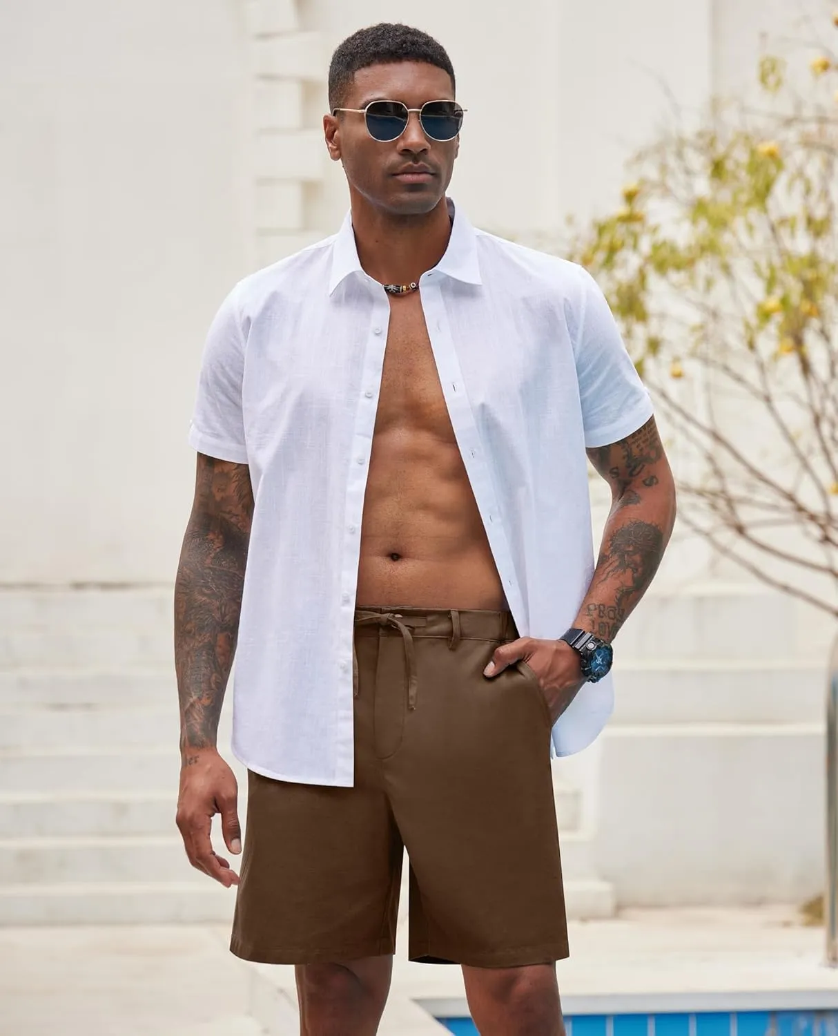 Linen Shorts for Men - Casual Beach Shorts with Pockets and Drawstring