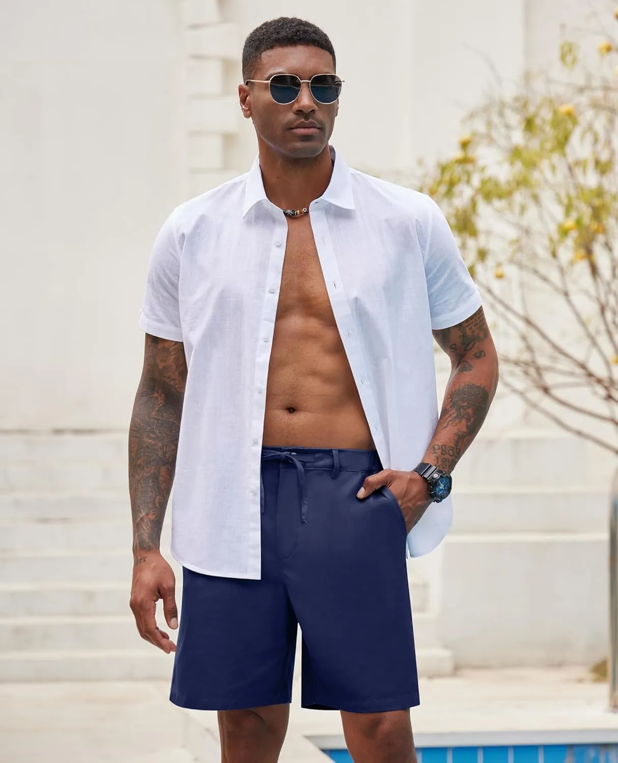 Linen Shorts for Men - Casual Beach Shorts with Pockets and Drawstring