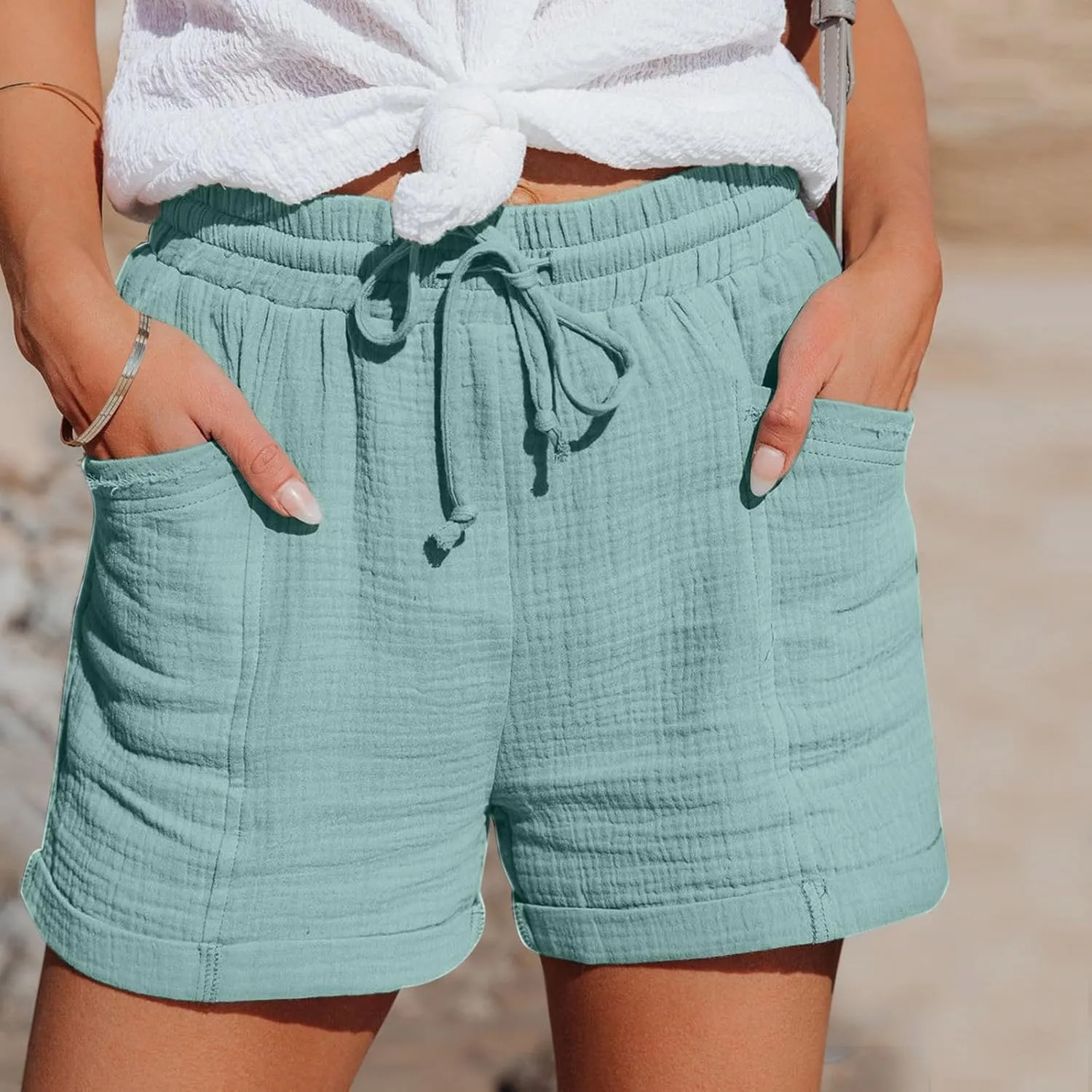 Linen Shorts for Women 2024 Summer Casual Comfy Shorts Drawstring Elastic Waist Lightweight Bermuda Shorts with Pockets