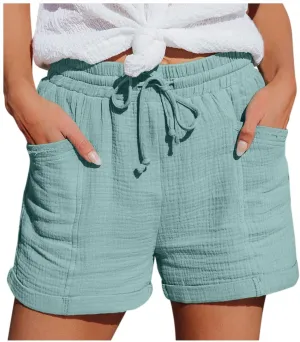 Linen Shorts for Women 2024 Summer Casual Comfy Shorts Drawstring Elastic Waist Lightweight Bermuda Shorts with Pockets