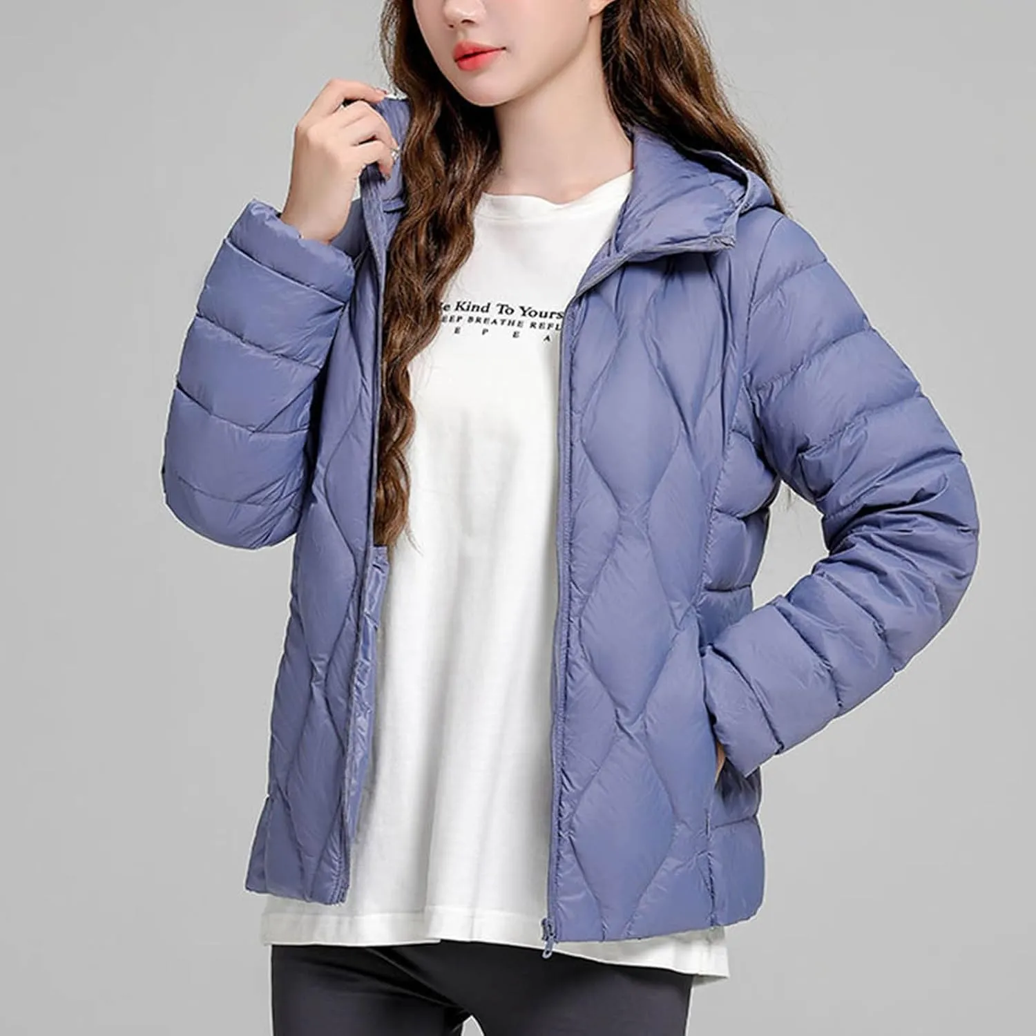 Lmdudan Plus Size Womens Quilted Jacket Lightweight Long Sleeve Hooded Puffer Jackets 2024 Winter Warm Down Coat Outerwear