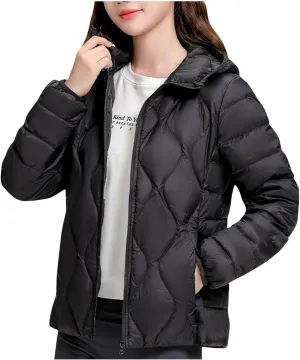 Lmdudan Plus Size Womens Quilted Jacket Lightweight Long Sleeve Hooded Puffer Jackets 2024 Winter Warm Down Coat Outerwear