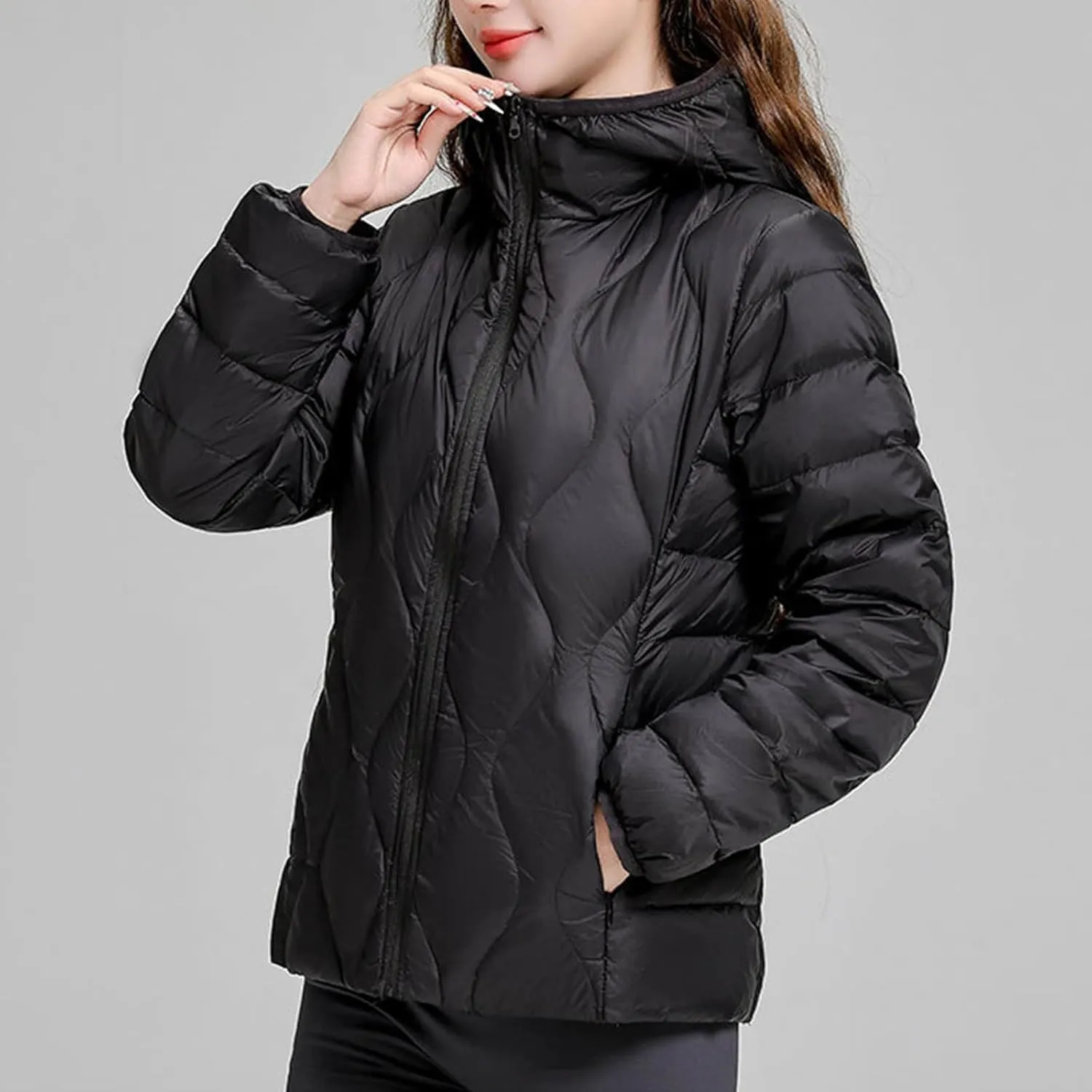 Lmdudan Plus Size Womens Quilted Jacket Lightweight Long Sleeve Hooded Puffer Jackets 2024 Winter Warm Down Coat Outerwear