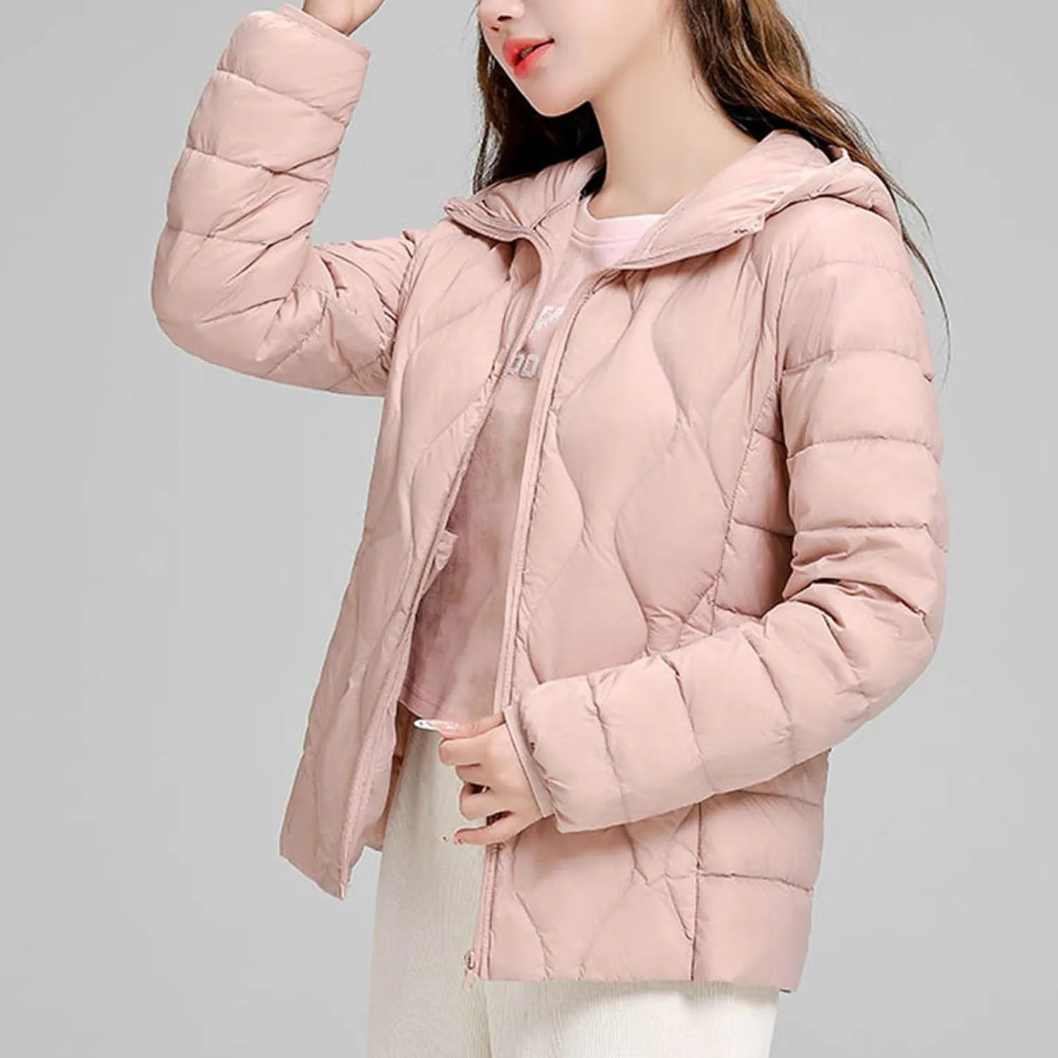 Lmdudan Plus Size Womens Quilted Jacket Lightweight Long Sleeve Hooded Puffer Jackets 2024 Winter Warm Down Coat Outerwear