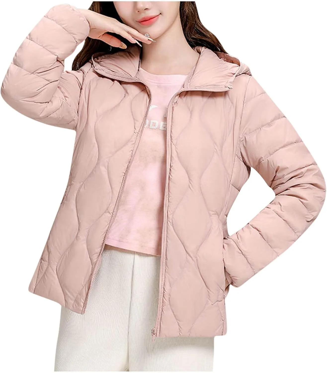 Lmdudan Plus Size Womens Quilted Jacket Lightweight Long Sleeve Hooded Puffer Jackets 2024 Winter Warm Down Coat Outerwear