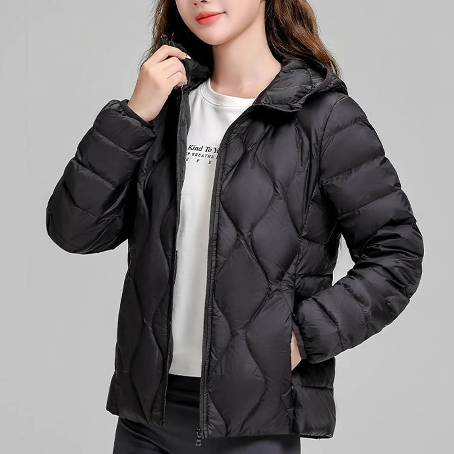 Lmdudan Plus Size Womens Quilted Jacket Lightweight Long Sleeve Hooded Puffer Jackets 2024 Winter Warm Down Coat Outerwear