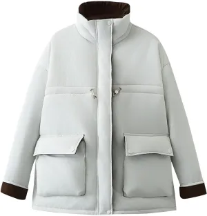 Lmdudan Puffer Jacket for Women Plus Size Stand Up Collar Down Coats with Pockets Windbreaker Warm Jackets Winter Outwear