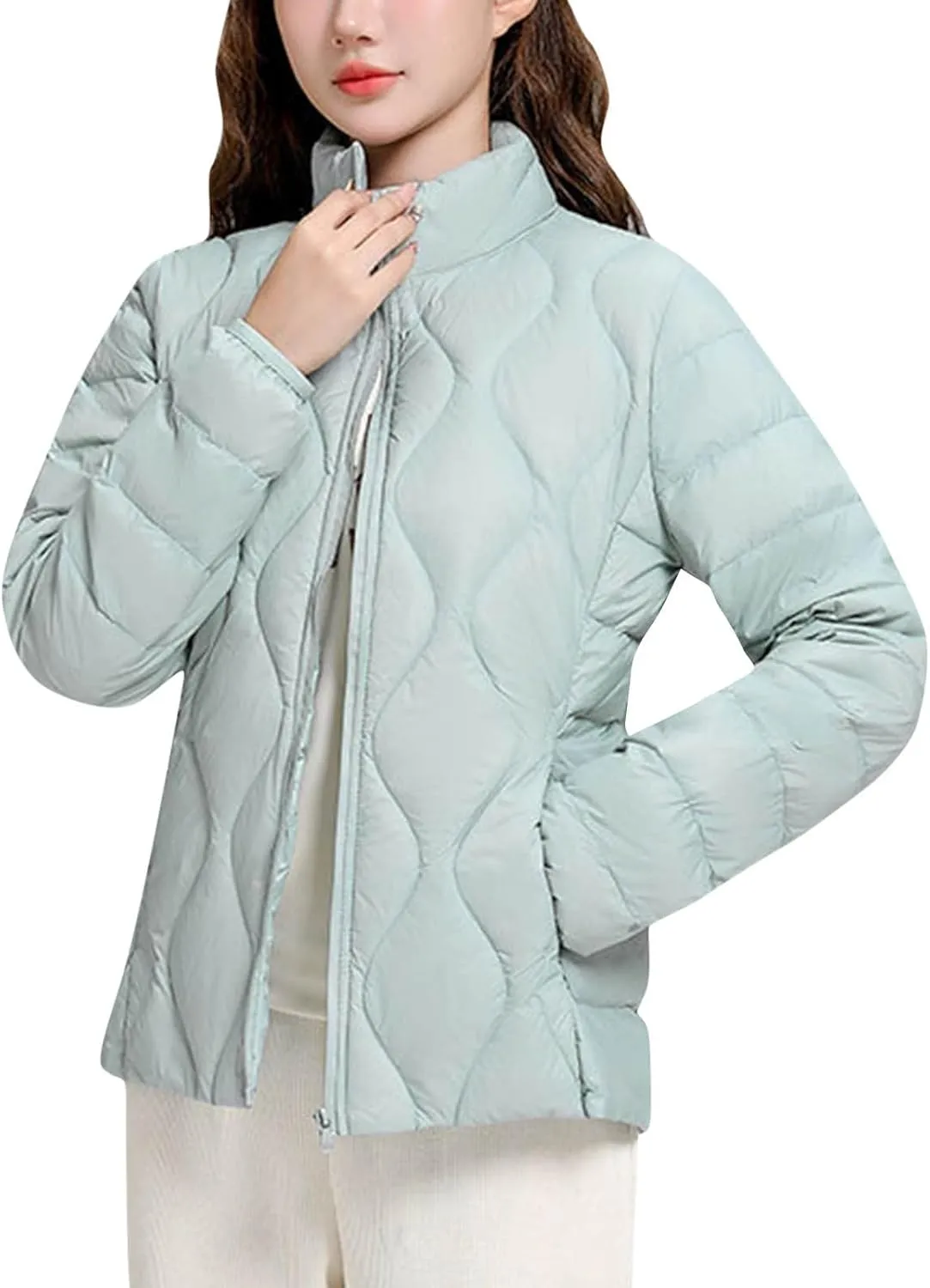 Lmdudan Puffer Jacket Womens Winter Coats Lightweight Long Sleeve Full Zip Down Jackets with Pockets Thickened Outerwear