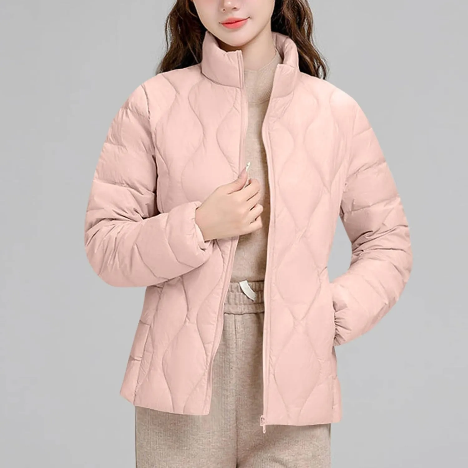 Lmdudan Puffer Jacket Womens Winter Coats Lightweight Long Sleeve Full Zip Down Jackets with Pockets Thickened Outerwear