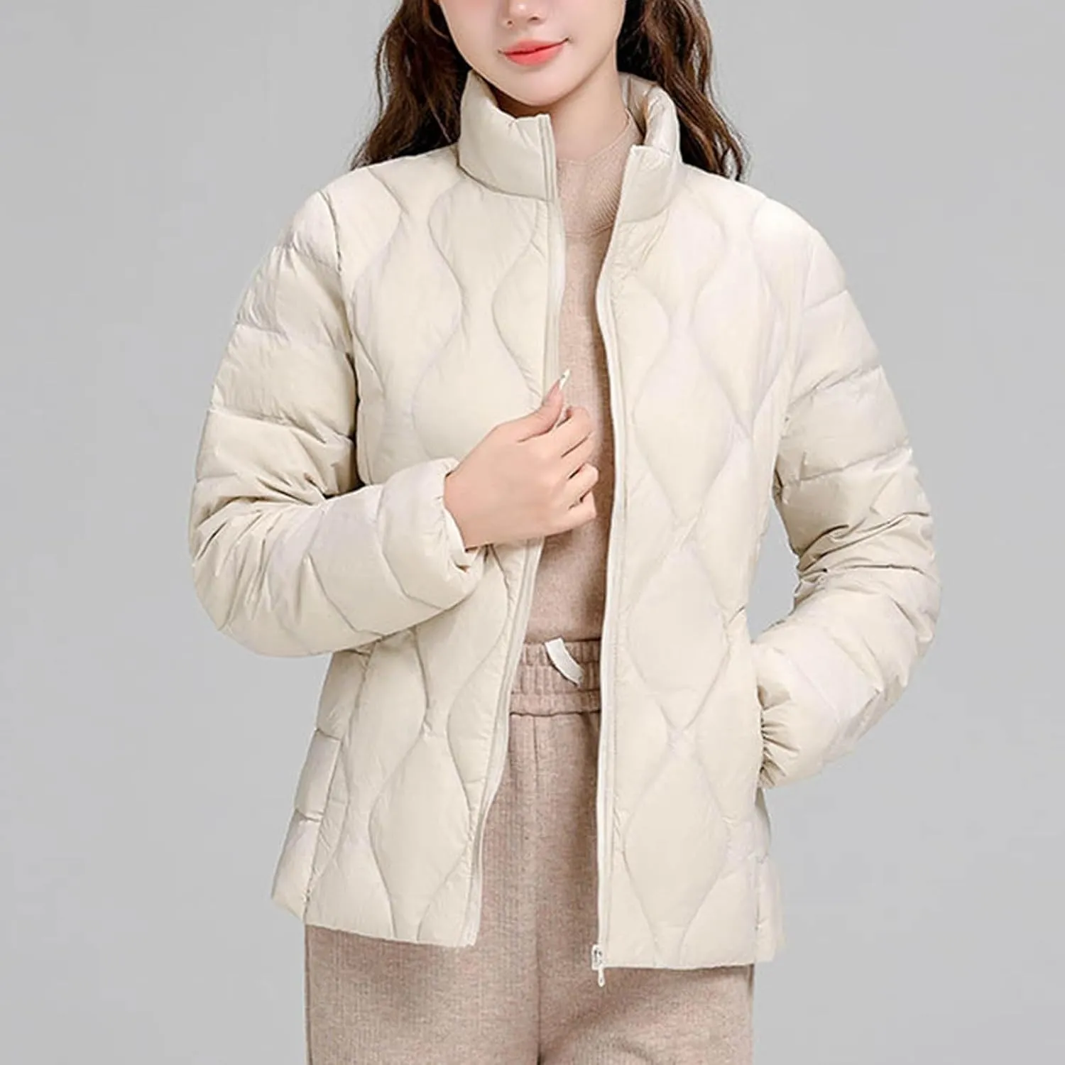 Lmdudan Puffer Jacket Womens Winter Coats Lightweight Long Sleeve Full Zip Down Jackets with Pockets Thickened Outerwear