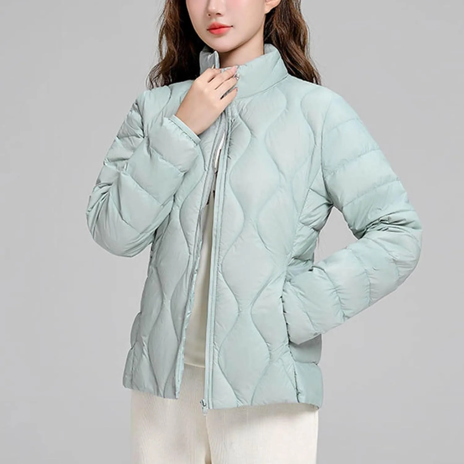 Lmdudan Puffer Jacket Womens Winter Coats Lightweight Long Sleeve Full Zip Down Jackets with Pockets Thickened Outerwear