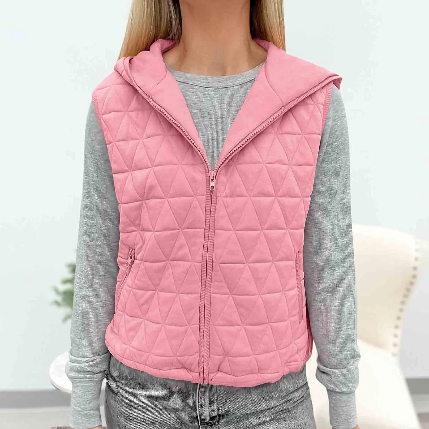 Lmdudan Women's 2024 Fall Vest Casual Sleeveless Hooded Zip Up Jacket Trendy Lightweight Winter Coat Outerwear with Pockets