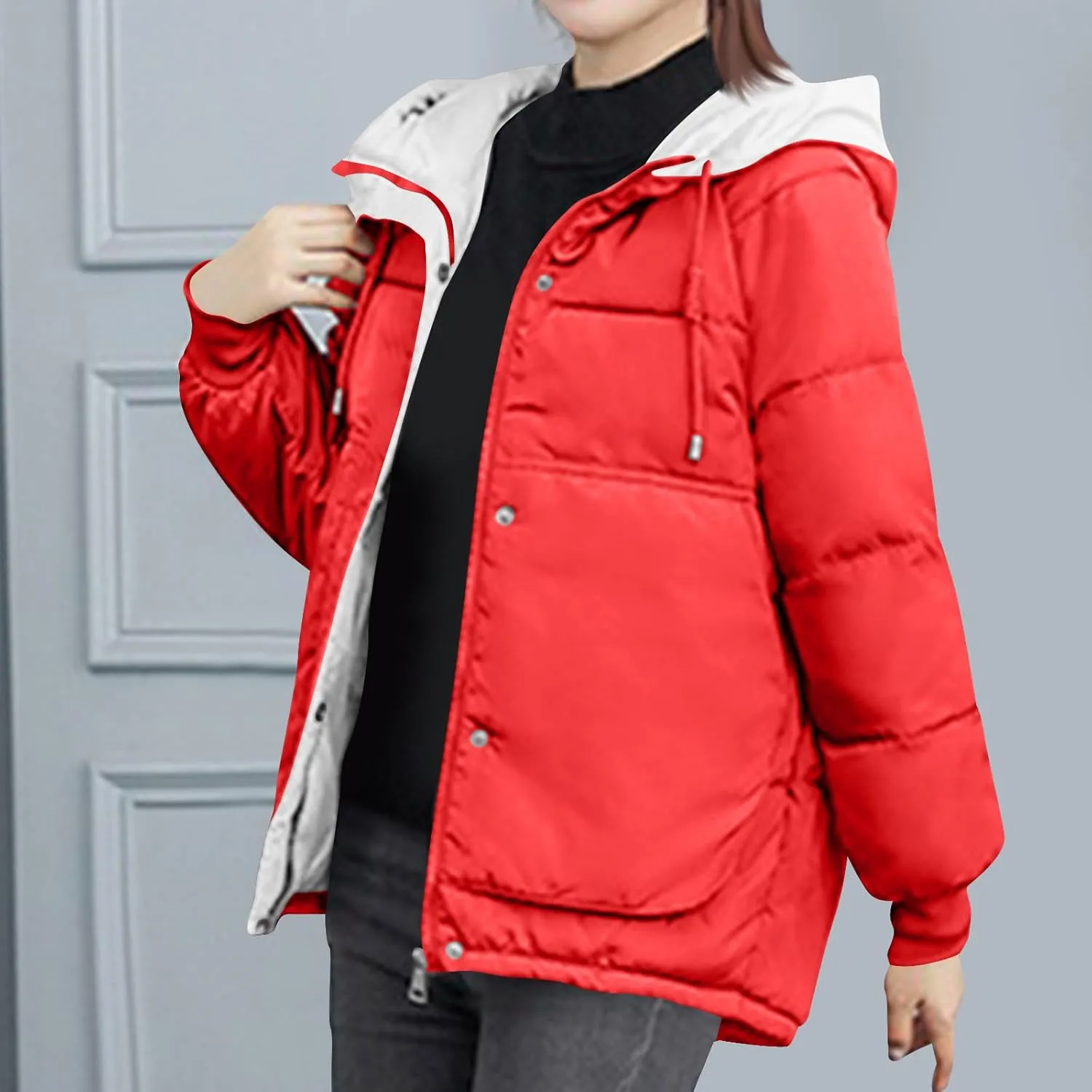 Lmdudan Women's Cropped Puffer Jacket 2024 Winter Down Coat Hooded Outerwear Warm Quilted Puffer Jackets with Pockets
