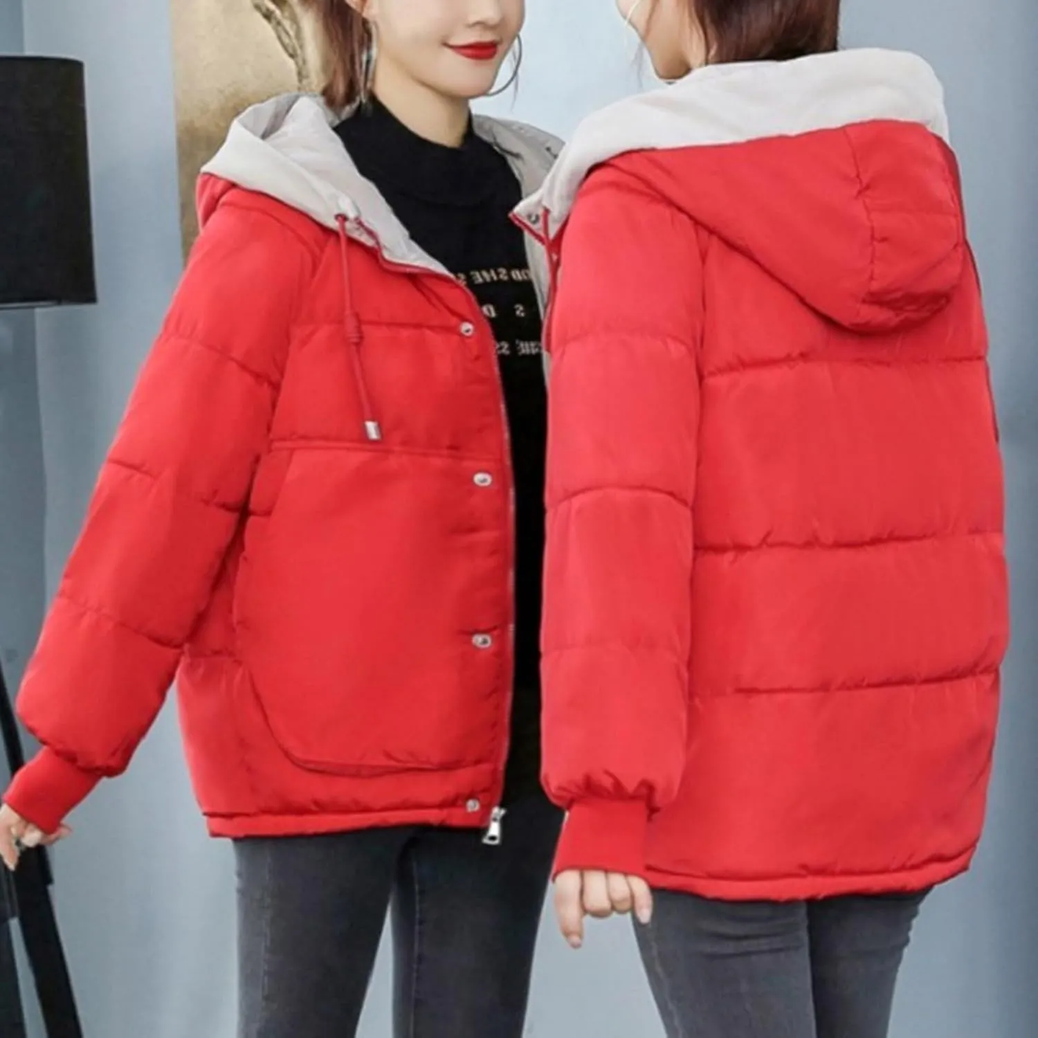Lmdudan Women's Cropped Puffer Jacket 2024 Winter Down Coat Hooded Outerwear Warm Quilted Puffer Jackets with Pockets