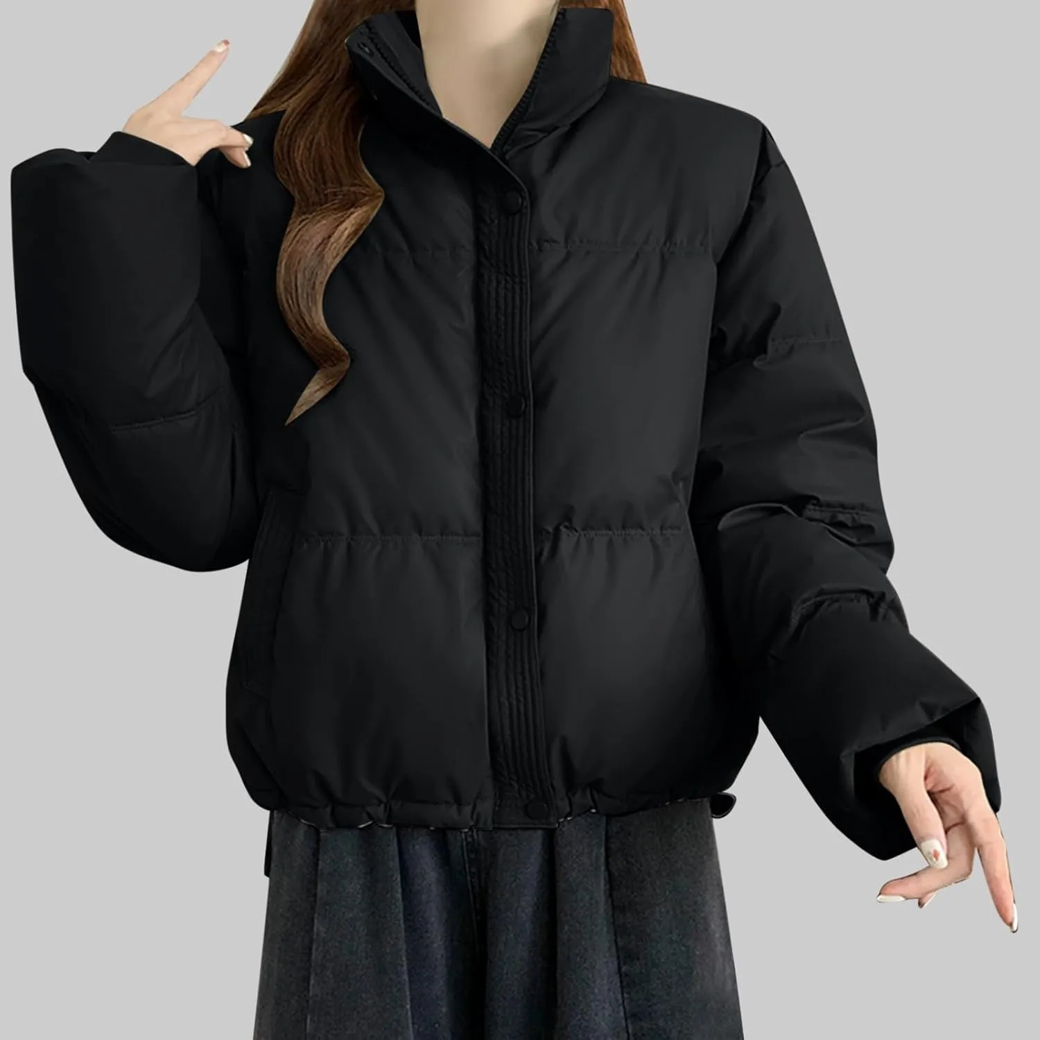 Lmdudan Womens Winter Cropped Puffer Jacket 2024 Trendy Oversized Down Short Puffy Coat Solid Quilted Jackets with Pockets