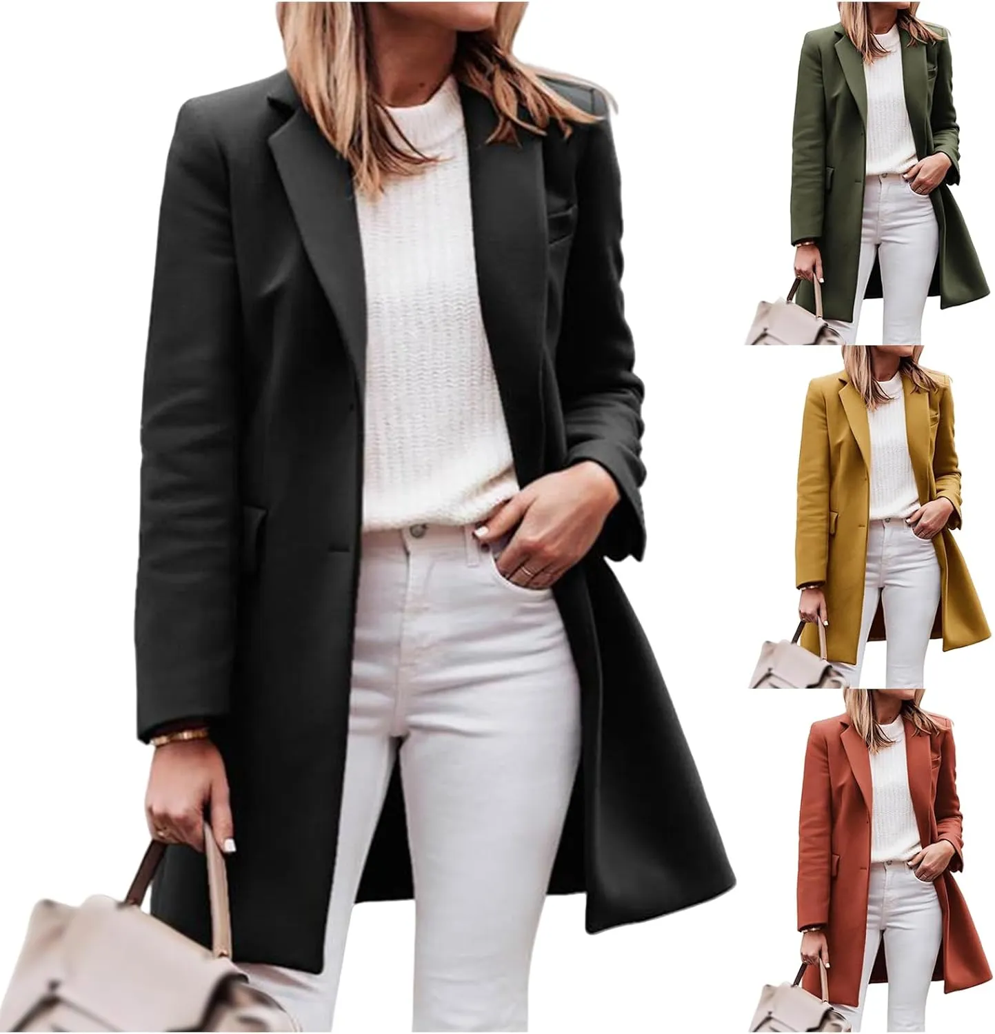 Long Jackets for Women Casual Single Breasted Trench Coats Lapel Long Sleeve Cardigan Wool Blend Coats with Pockets
