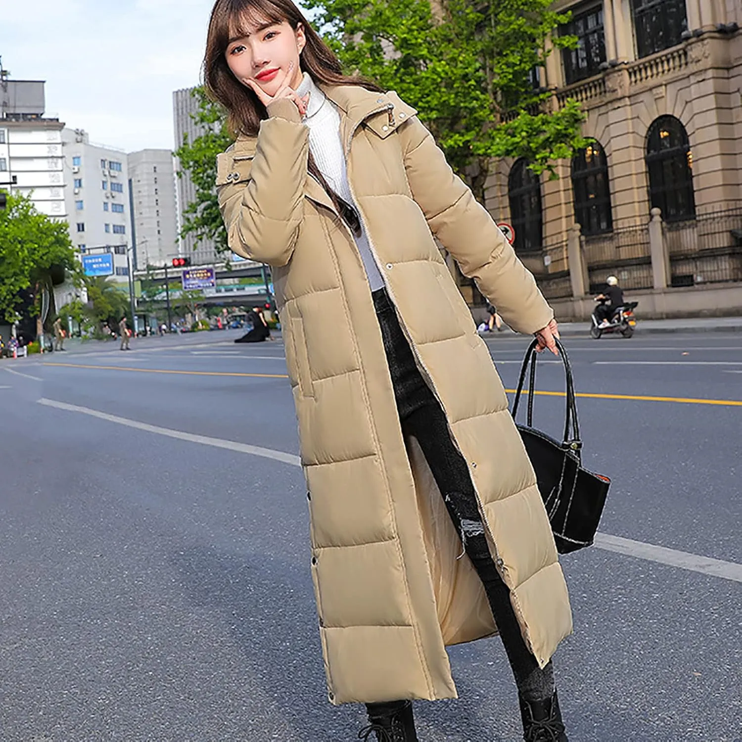 Long Puffer Coat Women with Hood Full Zip Puffer Jacket Padded Down Jacket Quilted Insulated Jacket Fashion Winter Coat