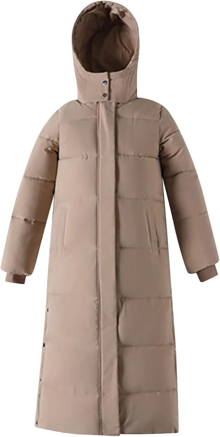 Long Puffer Coat Women with Hood Full Zip Puffer Jacket Padded Down Jacket Quilted Insulated Jacket Fashion Winter Coat