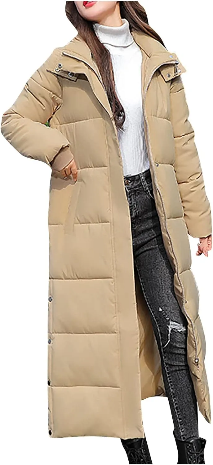 Long Puffer Coat Women with Hood Full Zip Puffer Jacket Padded Down Jacket Quilted Insulated Jacket Fashion Winter Coat