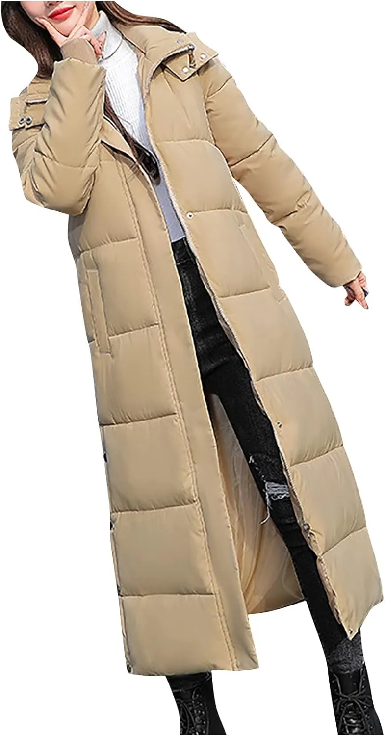 Long Puffer Coat Women with Hood Full Zip Puffer Jacket Padded Down Jacket Quilted Insulated Jacket Fashion Winter Coat